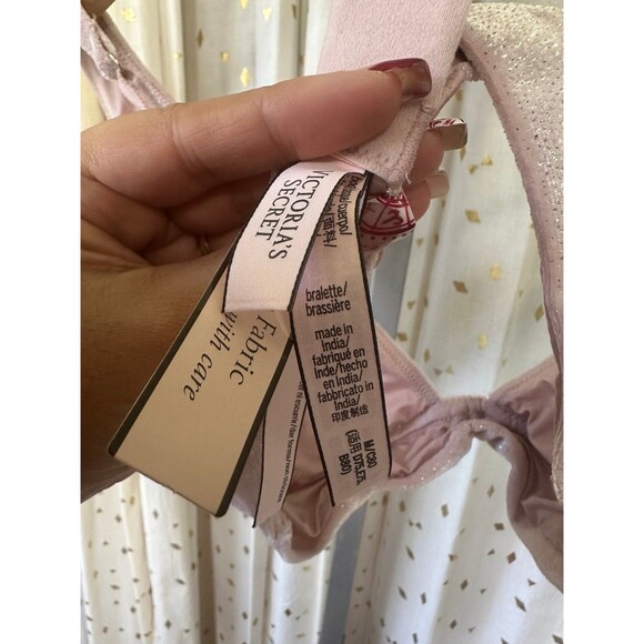 Victoria's Secret NWT Sparkle Pink Velvet Plunge Padded Wireless Bralette Bra M - Picture 6 of 7